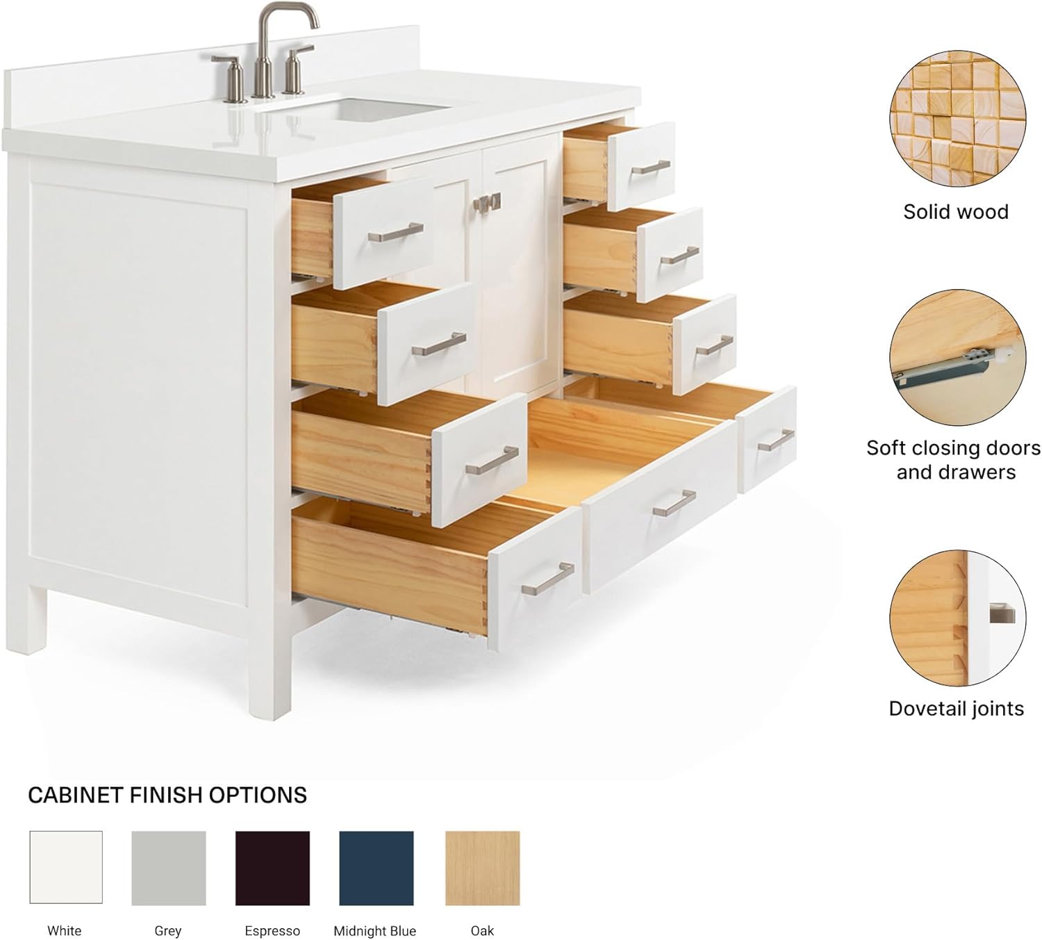 ARIEL Cambridge 54-inch Bathroom Vanity with Sink,Solid Wood, 1.5-inch Pure White Quartz Countertop & Backsplash, Single Rectangular Porcelain Sink, 2 Soft Closing Doors, 9 Dovetail Drawers, White
