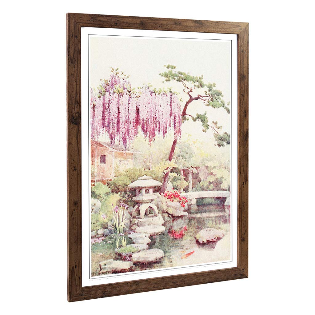 Big Box Art Framed Print of Ella Du Cane Japanese Oriental Wisteria in a Kyoto Garden Design | Wall Art Picture| Home Decor for Living Room, Bedroom, Office, Walnut, A2 / 24.5x18 Inch / 62x45cm