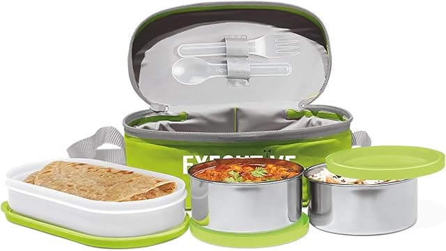 MILTON Executive Lunch Insulated Tiffin Box, 2 Containers-280 ml Each, 1 Container-500 ml, Green| Easy to Carry | Leak Proof | Stainless Steel & Plastic | Reusable Spoon and Fork | Lunch Bag
