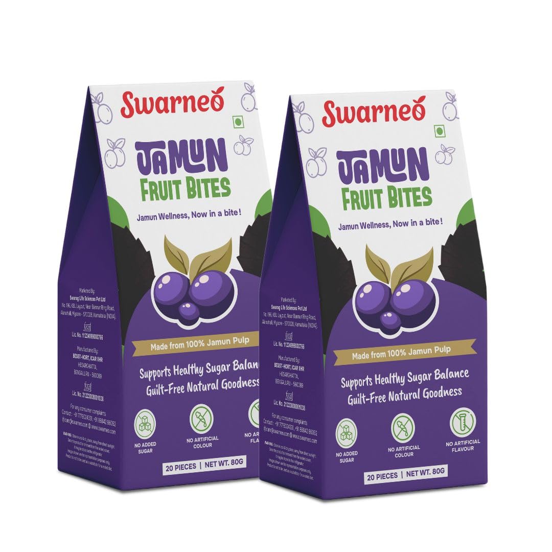 Swarneo Jamun Strips | Blood Sugar Support | Diabetic Friendly Snack | No Added Sugar | No Artificial Colour & Preservatives | 100% Natural Dried Jamun | Healthy Fruit Strips 40 Pieces (160g)- Pack of 2