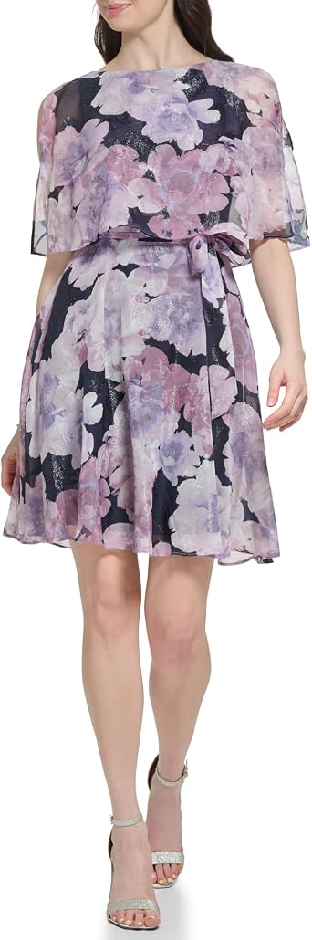 Jessica Howard Womens Sleeveless Caped Tie Waist Chiffon A-line Mini Dress