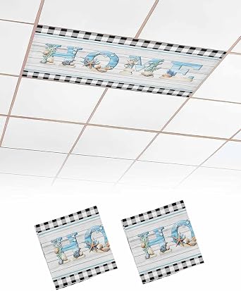 2 Pack Fluorescent Light Covers Beach Theme Home Retro Shell Starfish Wood Grain Black Plaid Magnetic Light Covers Fluorescent Ceiling Shade Filters for Classroom Office School Home 4 x 2 Feet