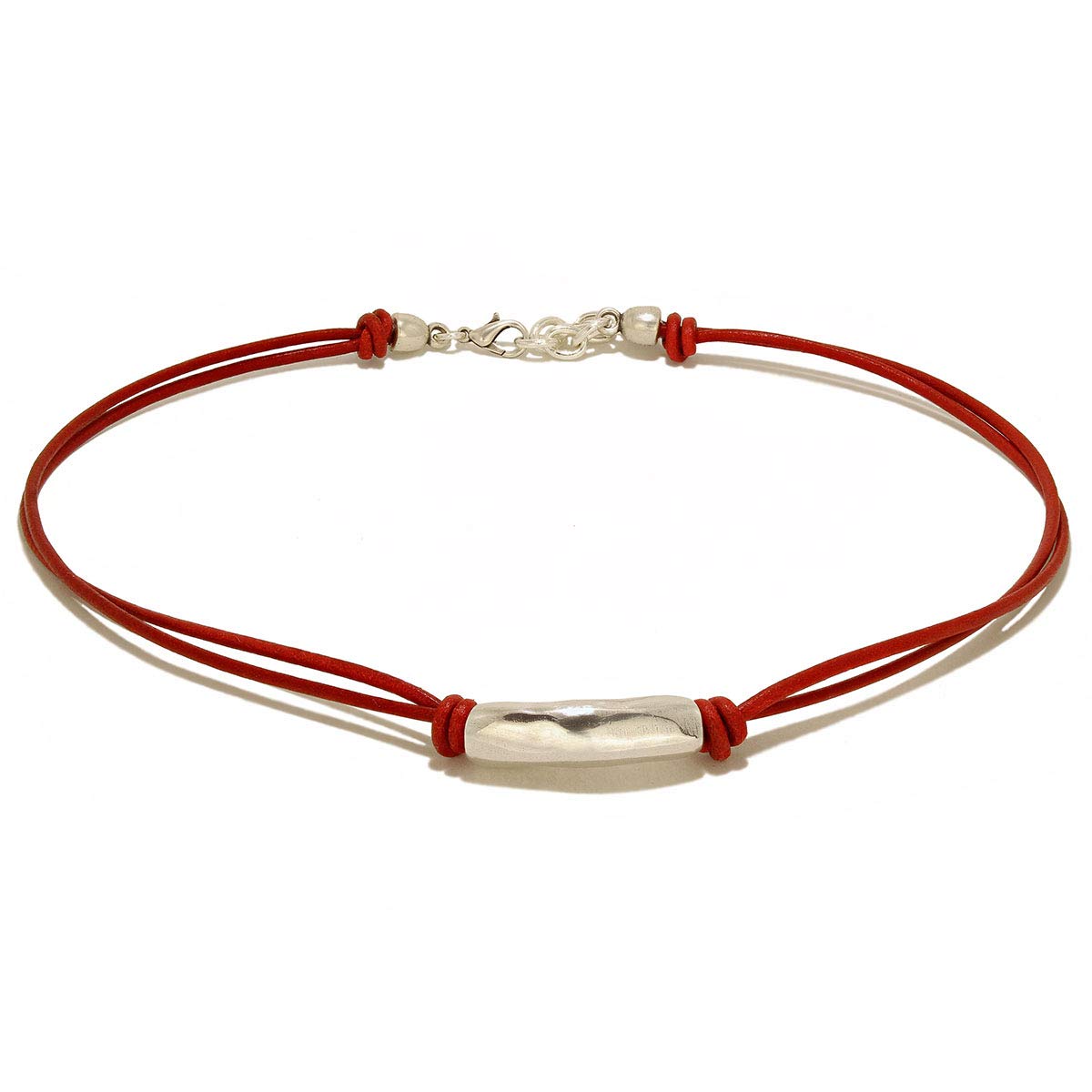 Collar hecho a mano de cuero y detalle de tubo en zamak por Intendenciajewels - Collar de cuero rojo- Collar boho - Joyeria de zamak – Collar ajustable de 40 – 43,5 cm.