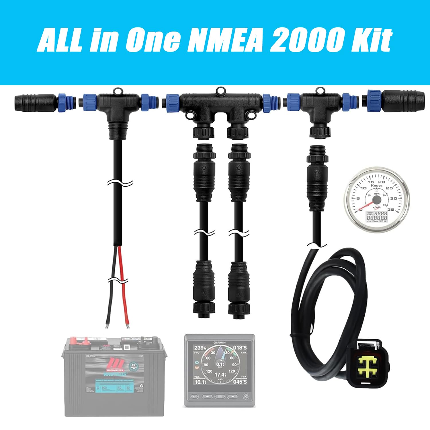 NMEA 2000 Starter Kit for Yamaha Outboard Engine Interface 2006-2023 Bundle, Marine Grade NMEA 2000 Backbone Cables Drop Cables Tees Terminators for Lowrance Garmin Replace# 000-0120-37 3004.6865