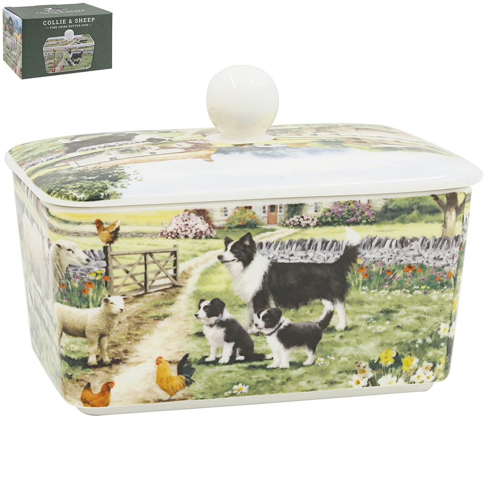 The Leonardo Collection Macneil Collie & Sheep Fine China Collie & Sheep Butter Dish for Kitchen & Home | Dishwasher Safe Butter Dish for Keep Butter Fresh | BPA-Free Butterdish for Butter Storage
