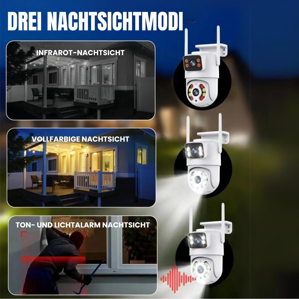 Überwachungskamera NA1 mit 360° Sichtfeld | Zwei 2-Megapixel-Sensoren für klare Full-HD-Aufnahmen; 360° Sichtfeld für vollständige Überwachung ohne tote Winkel
