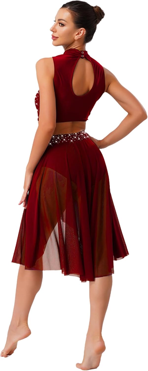 Women Lyrical Dance Dress Shiny Rhinestones Crop Top with Skirted Leotard 2-Piece Outfits