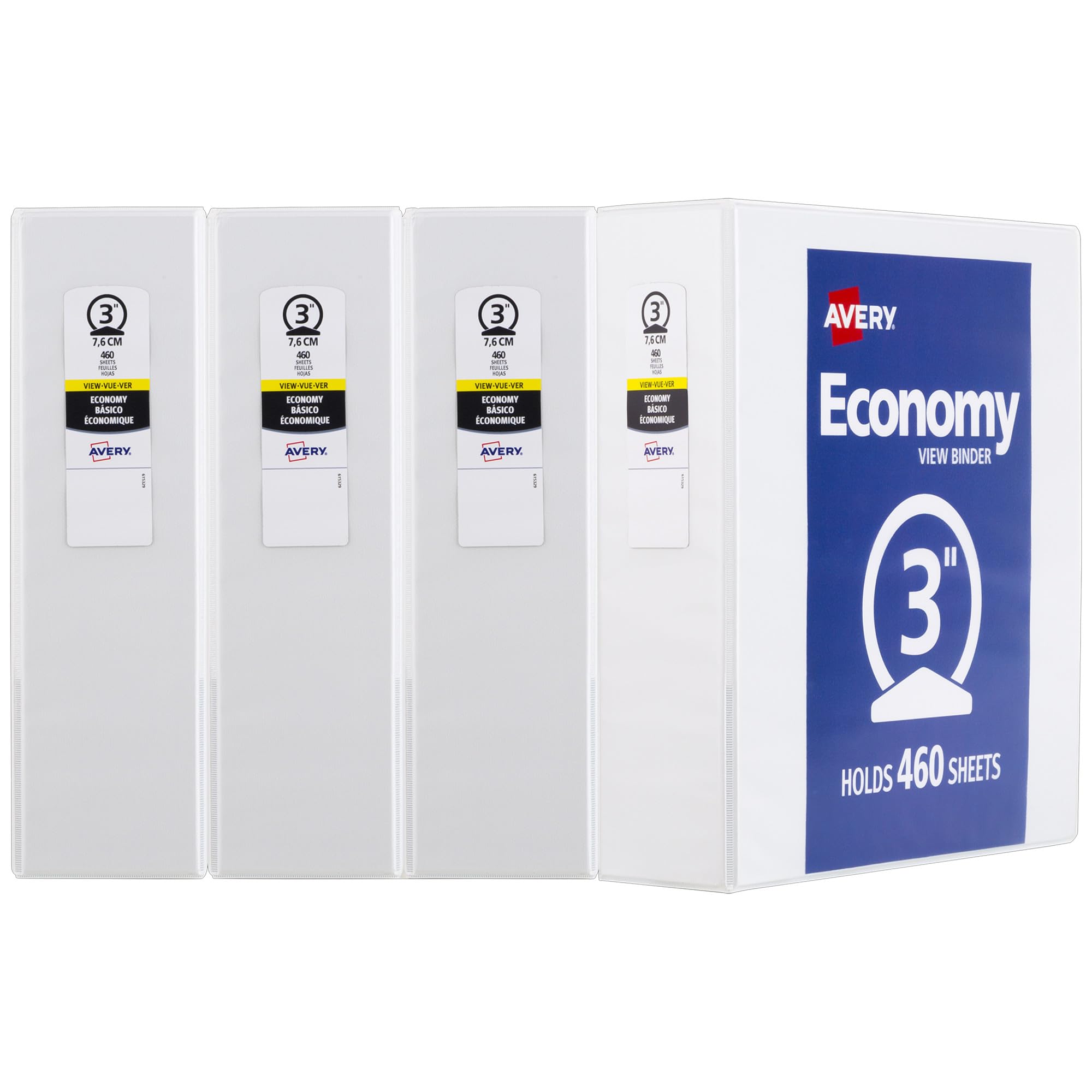 Avery Economy View 3 Ring Binders, 3" Round Rings, 4 White Binders (03360)
