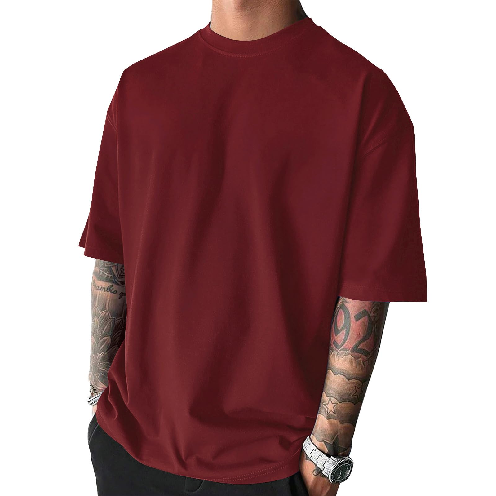 Photo 1 of Men's Fashion Oversized Tshirts Workout Short Sleeve T-Shirt Dry Fit Lightweight Crewneck Tee Tops Dark Red