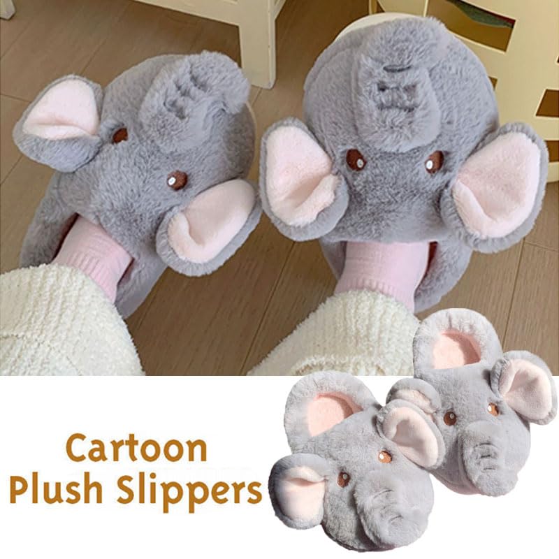 Jfxgjuv Elephant Slippers, Frog Slides, Cute Pig Cartoon Animal Slippers, Fluffy Retro Memory Foam Plush Indoor Outdoor Home Shoes (Elephant grey,7.5-8 Women/5.5-6 Men)3