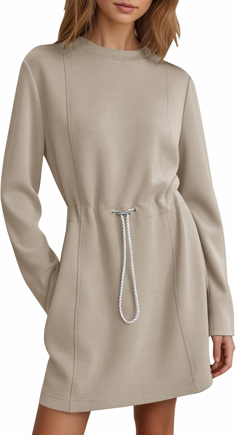 COCOMARTS Womens Casual Long Sleeve Crewneck Sweatshirt Dress Drawstring Waistband Tunic Tops Vacation Mini Dresses 2025 Fall