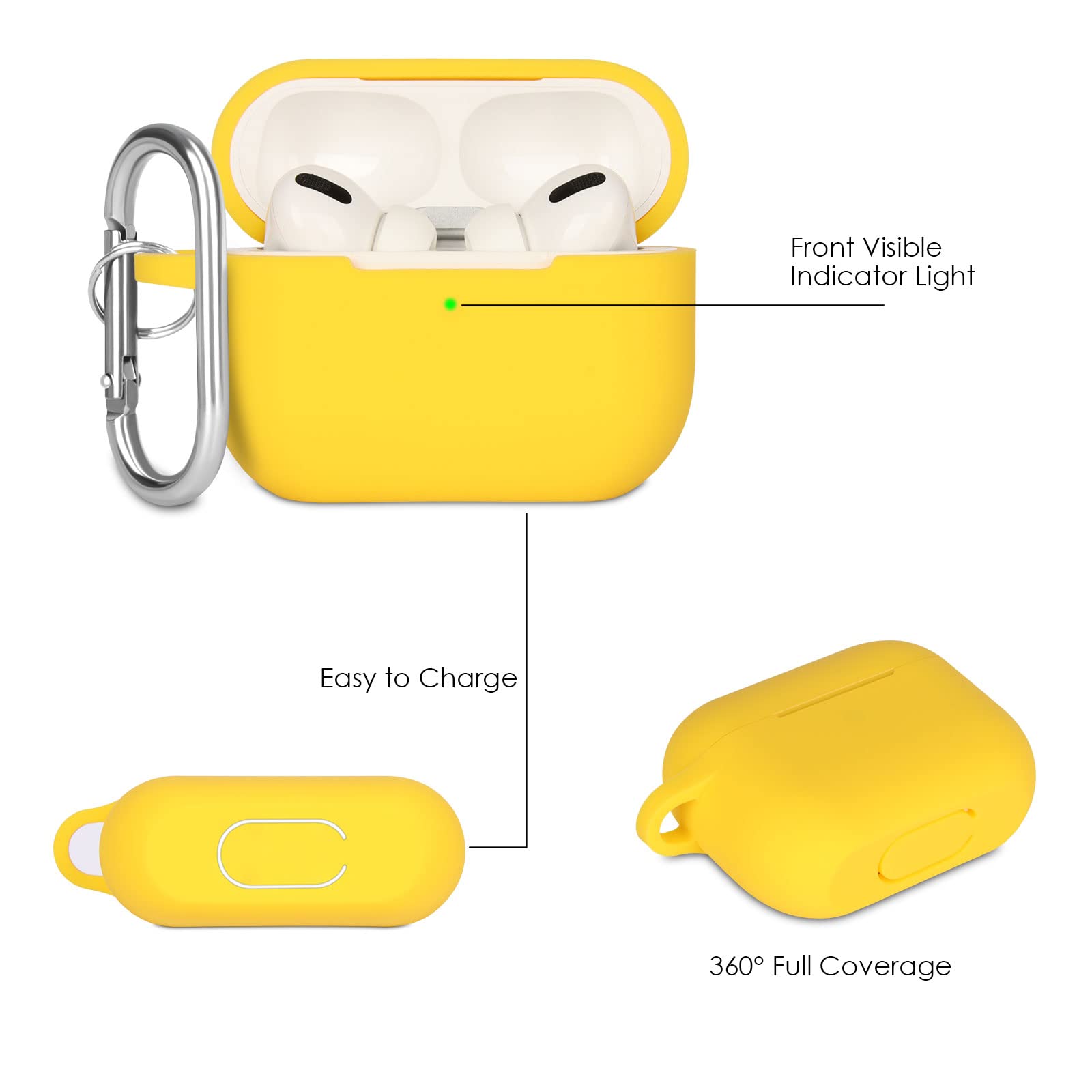 Case Cover Compatible with Airpods Pro, Soft Silicone Skin Case Cover Shock-Absorbing Protective Case for Airpods Pro 2019 with Carabiner, Front LED Visible, Yellow — view 3
