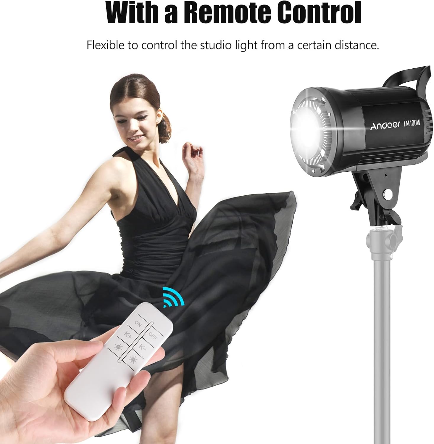 A hand holding the remote control for the Andoer LM100W light, with the light in the background