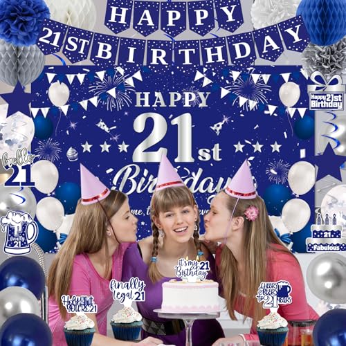 Image of 21st Birthday Decorations for Boys Girls, Blue Silver Happy 21st Birthday Party Decorations, 21 Backdrop, Banner, Balloons, Hanging Swirls, Bday Cards, Cake Toppers, Pompoms 54pcs