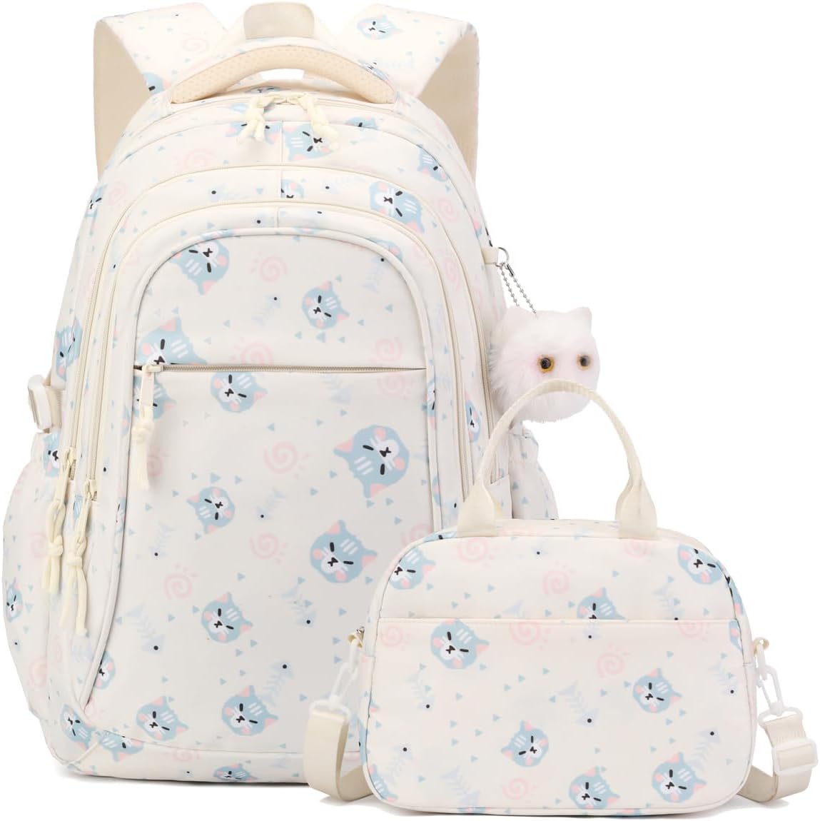 Cat Kids Backpack Set for Girls with Lunch Box Kitty Kindergarten Bookbag Prechool School Bag Beige