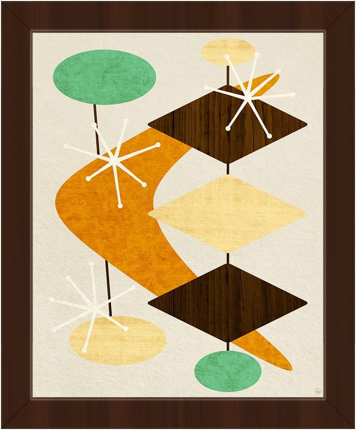Bang Bang Boomerang Orange: Mid-Century Retro Modern Postmodern Geometric Shapes Abstract Painting Drawing Illustration Wall Art Print on Canvas with Espresso Frame