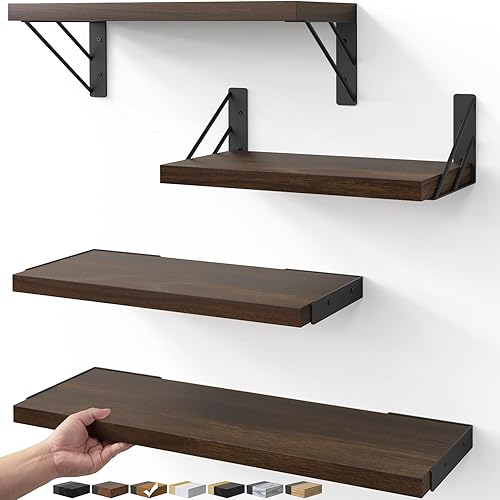 BAYKA Floating Shelves for Wall, Book Shelf for Bedroom, Decor Shelves for Living Room Kitchen, Mounted Wood Floating Shelf for Home Decor, Corner Shelf for Bathroom, Office(Walnut-Toned,Set of 4) - Walnut-toned Board & Black Brackets - 4-Piece Set