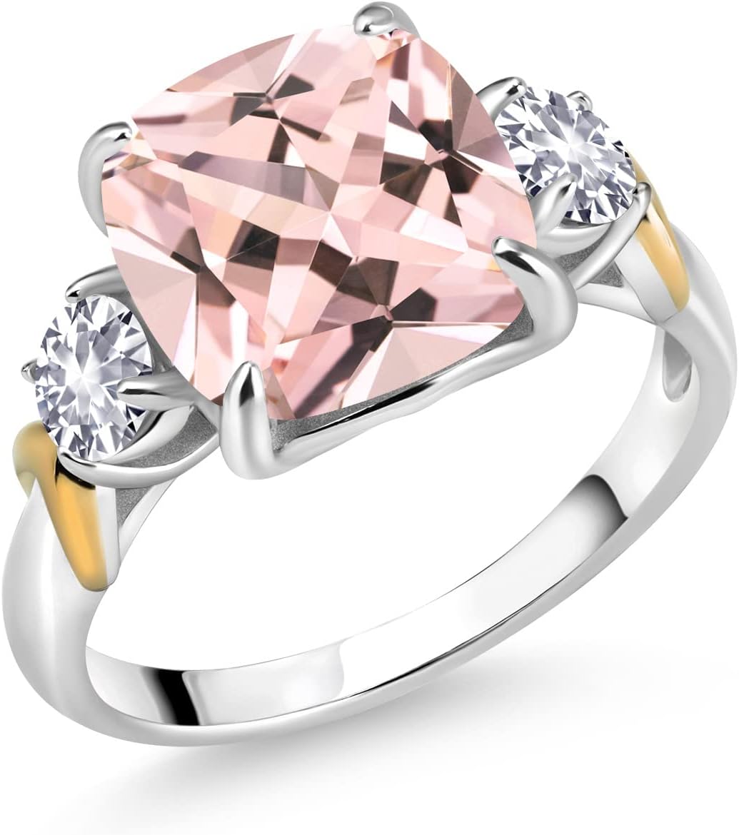 Gem Stone King 4.82 Cttw Peach Nano Morganite and White Created Sapphire 3 Stone Ring For Women | 925 Silver and 10K Yellow Gold | Gemstone Birthstone | Cushion 10MM | Round 4MM | Size 5, 6, 7, 8, 9
