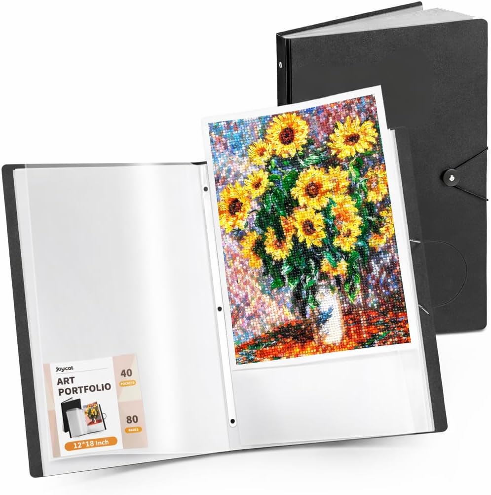JoyCat Art Portfolio Binder 12"x18" for Diamond Art Painting, 40 Pockets Slevees Protectors Art Folder with Clear View Pages, 80 Sheets Presentation Binder for Artists and Students (Black)