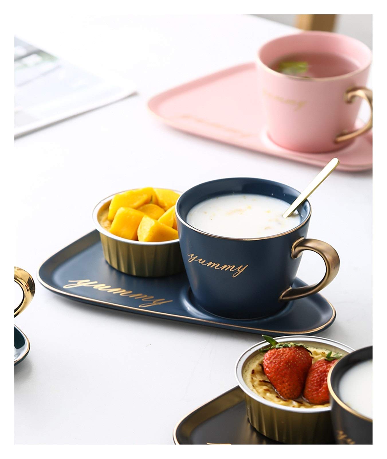 Tazas de café grandes de cerámica, Juego de taza y platillo for té café con cuchara en caja regalo multicolor(Roze)