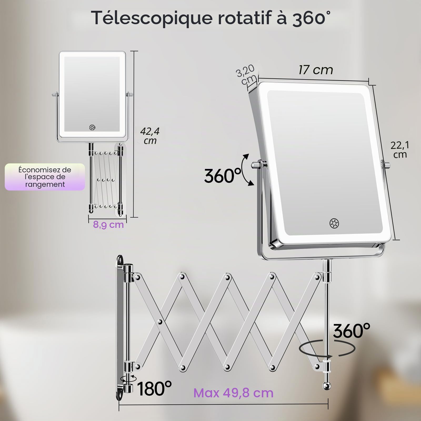 Famihomii 5000mAh Miroir Maquillage Lumineux Rechargeable, 8,7" Double Usage 1X/30X Grossissement, Miroir Grossissant Mural, 3 Températures de Lumière, Réglable en Luminosité, Pivotant 360° (Chrome)