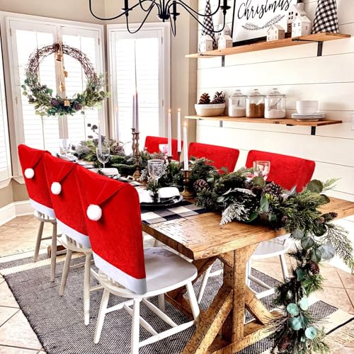 6 Pack Set of Santa Claus Red Hat Chair Covers Caps Slipcovers for Christmas Xmas Kitchen Dining Chair Slipcovers Sets for Christmas Holiday Festive Decorations