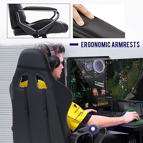 Miniatura 71 de Silla ergonómica para videojuegos, silla de juegos de piel sintética con reposacabezas, silla de carreras para computadora con soporte lumbar, silla