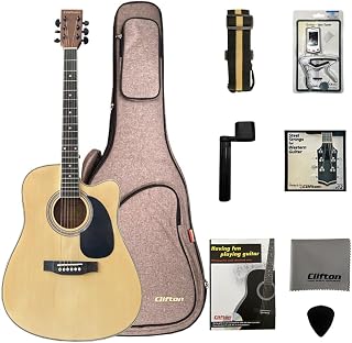 Clifton 41 Inch Acoustic Guitar for Beginner Adult Teenager Full Size Wooden Western Guitar Cutaway Model Starter Kit with Gig Bag Right Hand (Natural color)