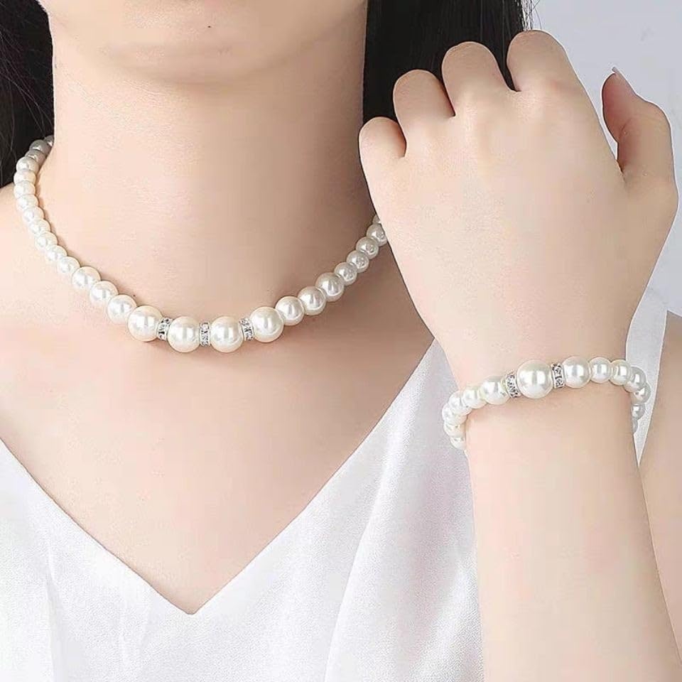 CSIYANJRY99 Pearl Necklace and Earring Set Faux Pearl Jewelry Sets for Women Imitation Beaded Pearl Necklace Bracelet Stud Earrings for Women - Image 2