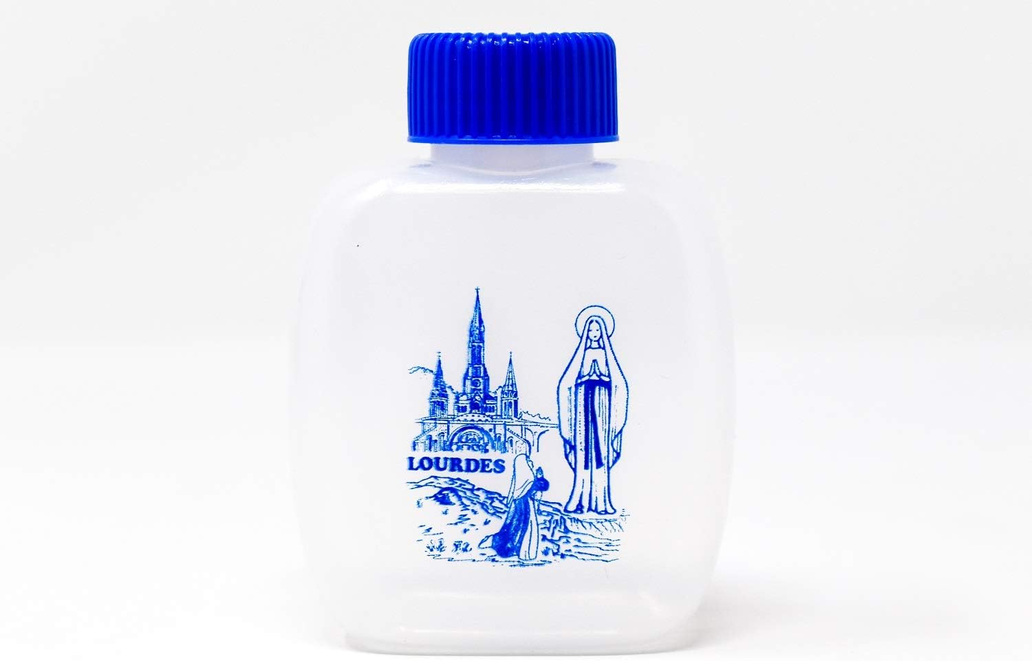 Lourdes holy water bottle x 1 single bottle. Made from clear plastic, with blue image - size: 87ml (2.94 US fl oz) - beautifu - size: 87ml (2.94 US fl oz) - beautiful design, filled with Lourdes Water