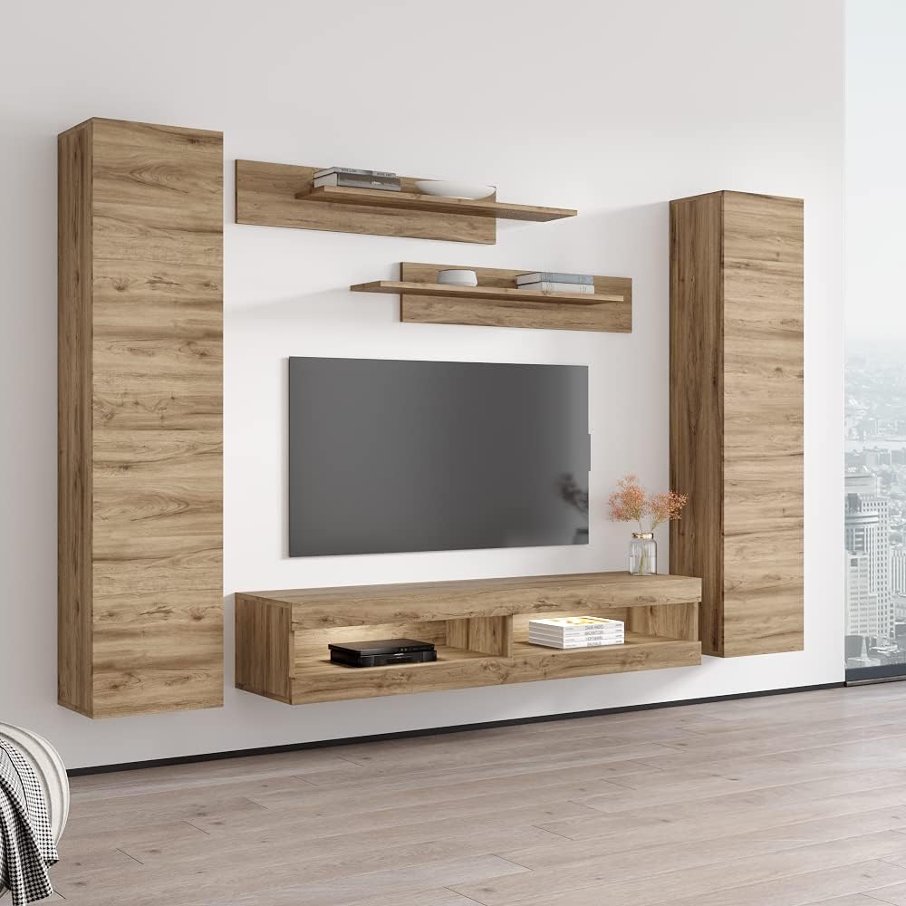 Meble Furniture Fly A4 34TV Stand Wall-Mounted Entertainment Center Console — Floating Design with Storage Shelves and LED Lights, 67.5 x 15.7 x 20.1 inches — Oak