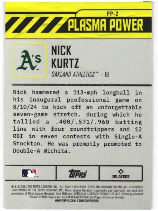NICK KURTZ 2024 Bowman Draft Chrome Plasma Power #PP-2 Rookie Baseball Card RC Oakland Athletics