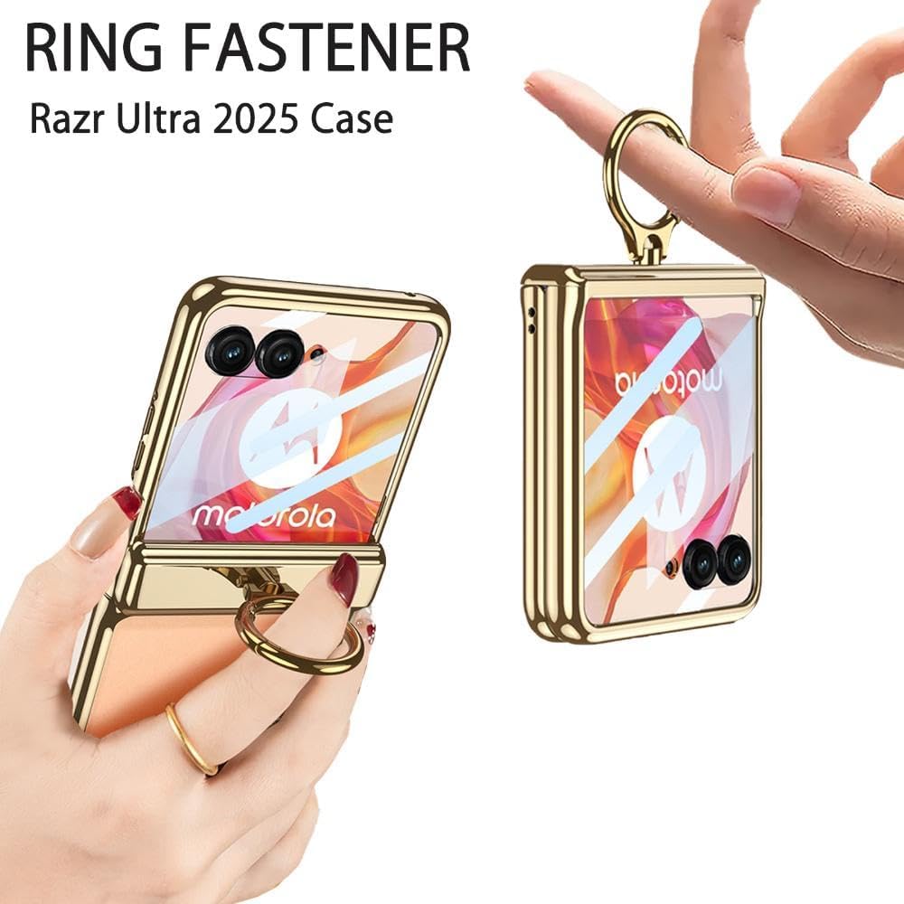 MistWorld for Motorola Razr Ultra 2025 Clear Case with Ring Holder & Built-in Front Screen Protector & Magnetic Hinge & Electroplated Frame (Gold, Razr Ultra 2025)