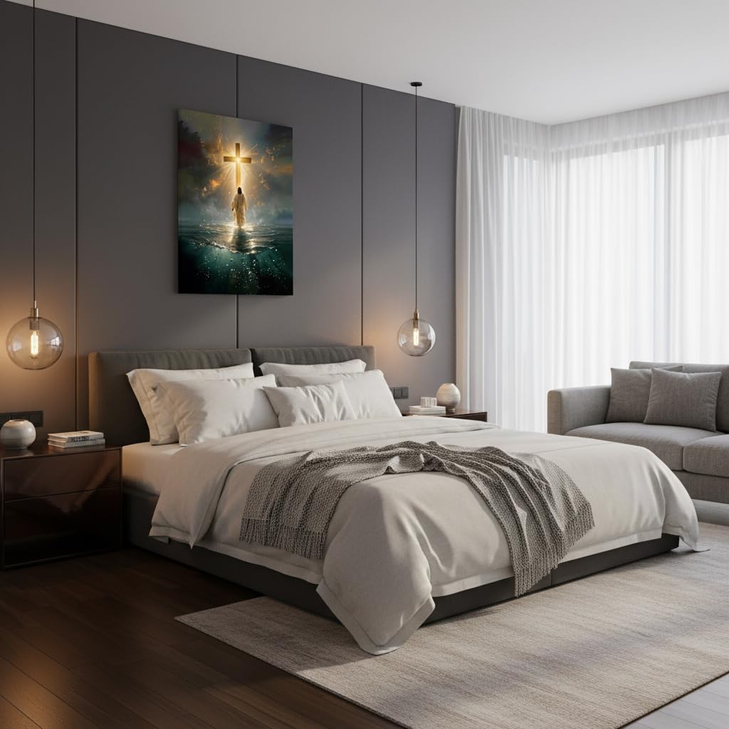 XCFMPUO Jesus Walking On Water Canvas Wall Art Jesus Christ Poster Wall Decor Christianity Cross Picture Print Painting for Bedroom Living Room Prayer Room 16x24 Inch