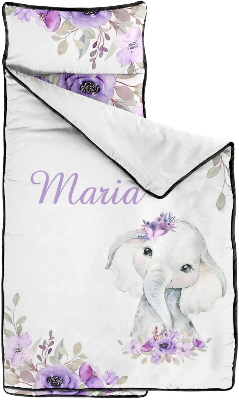 Personalized Toddler Nap Mat with Name – Custom Elephant Sleeping Bag with Pillow & Blanket for Girls – Ideal Slumber Bags for Daycare, Preschool & Kindergarten
