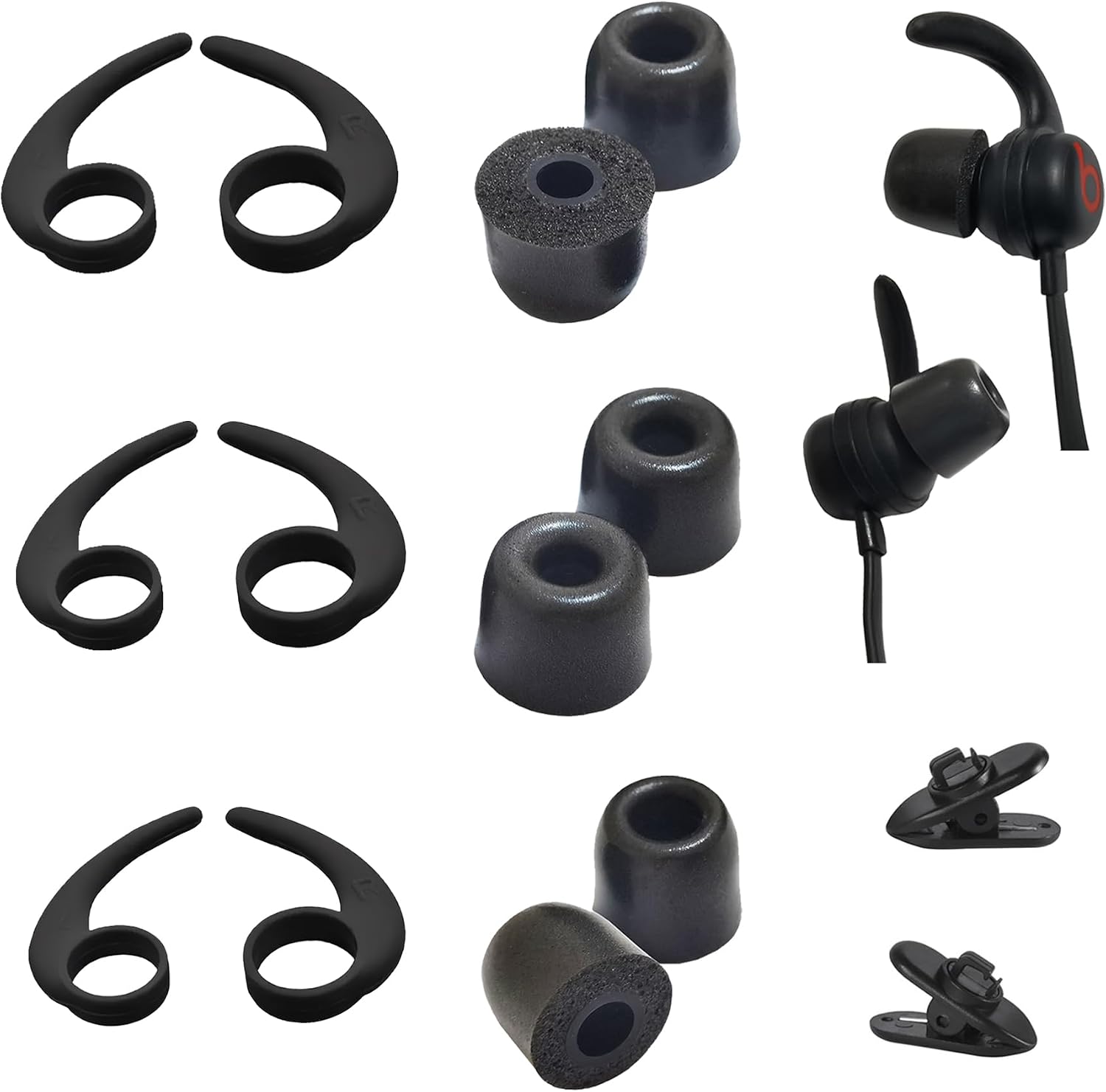 6 Pairs Earbud Tips and Ear Hooks Combo (3 Memory Foam + 3 Silicone Hooks), Universal Replacement Set for in-Ear Wired/Wireless Earphones