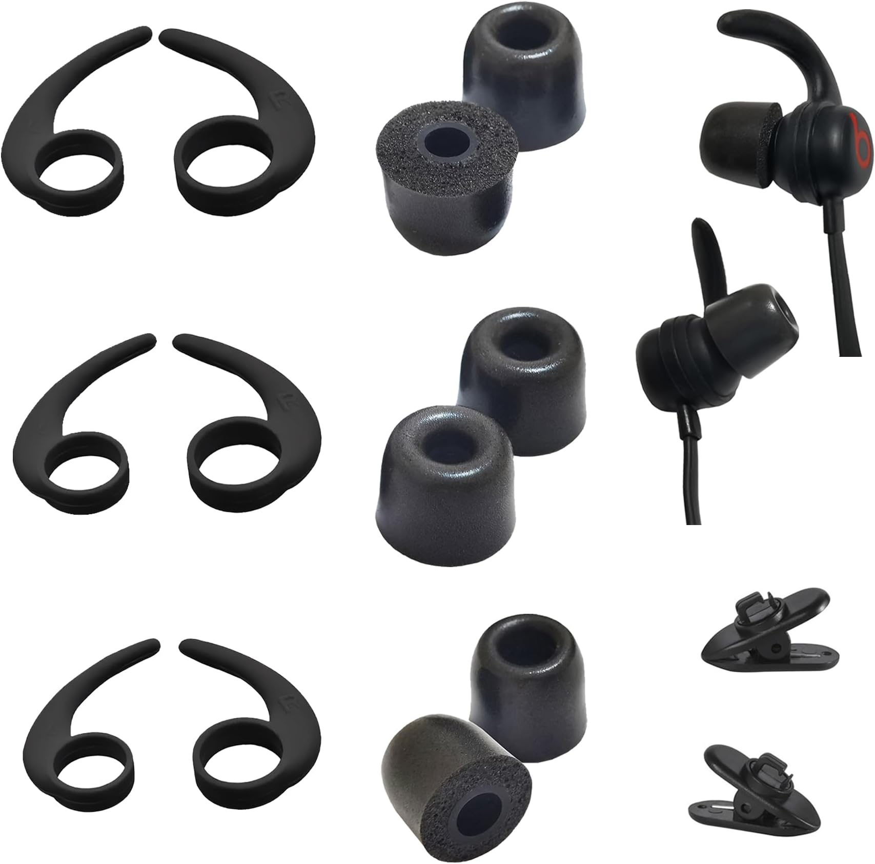 6 Pairs Earbud Tips and Ear Hooks Combo (3 Memory Foam + 3 Silicone Hooks), Universal Replacement Set for in-Ear Wired/Wireless Earphones