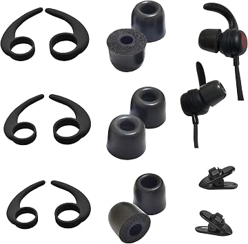 6 Pairs Earbud Tips and Ear Hooks Combo 3 Memory Foam + 3 Silicone Hooks, Universal Replacement Set for in-Ear Wired/Wireless Earphones
