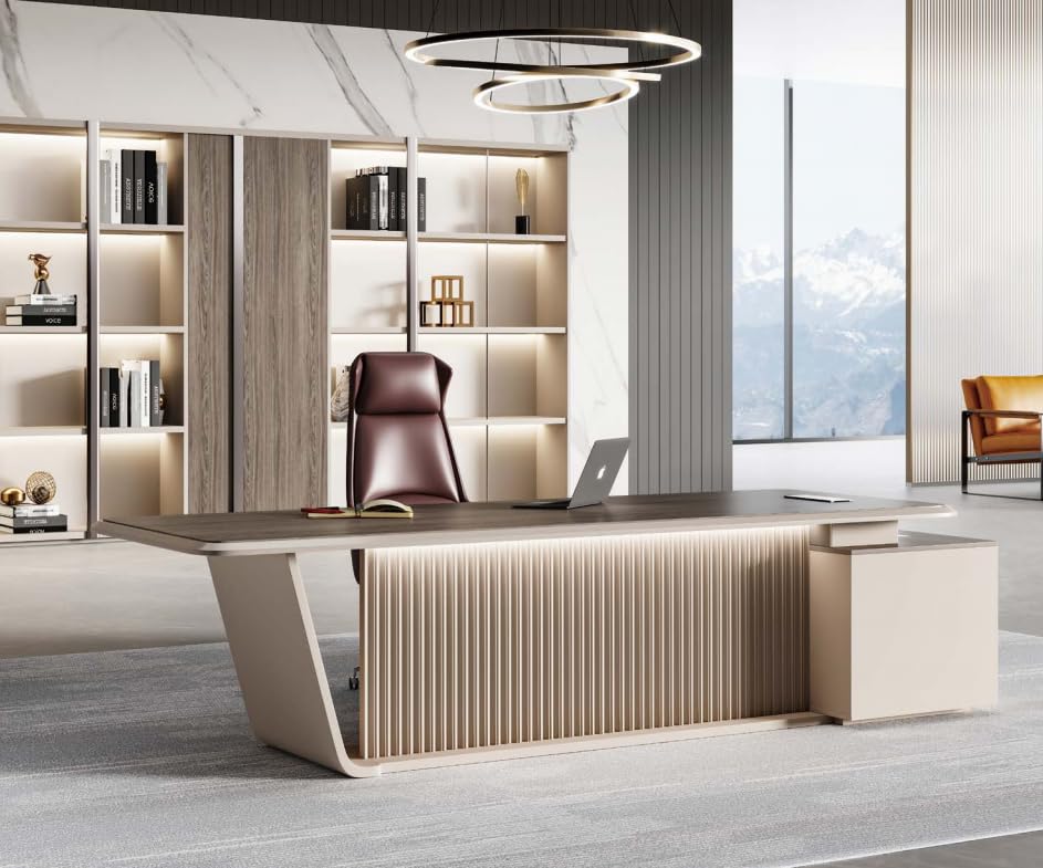 Image of Lakdi The Furniture Co Luxury Modern Executive Director Table with Fluted Front Panel, Dark Wood Top, Side Storage Unit & Premium Designer Work Surface - LDL-768