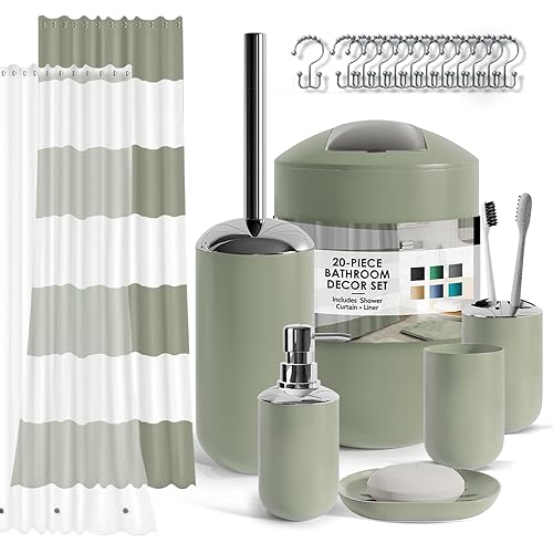 Clara Clark Bathroom Set - Sage Green Bathroom Accessories Set, 20PC Bathroom Accessory Set, Shower Curtain Set with Liner, Toothbrush Holder, Soap Dispenser, Soap Dish, and Toilet Brush Holder
