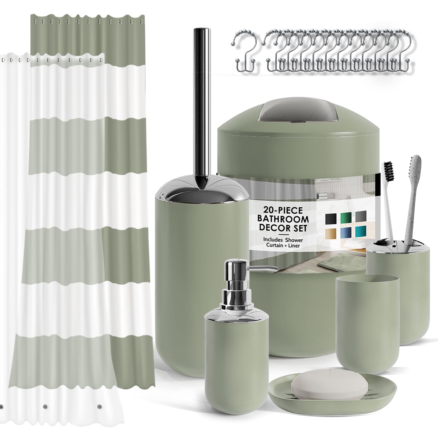 Clara Clark Set per Bagno - Set di Accessori per Bagno Verde Salvia, Set di Accessori per Bagno da 20 Pezzi, Set Tenda da Doccia con Fodera, Portaspazzolino, Dispenser Sapone, Portasapone e