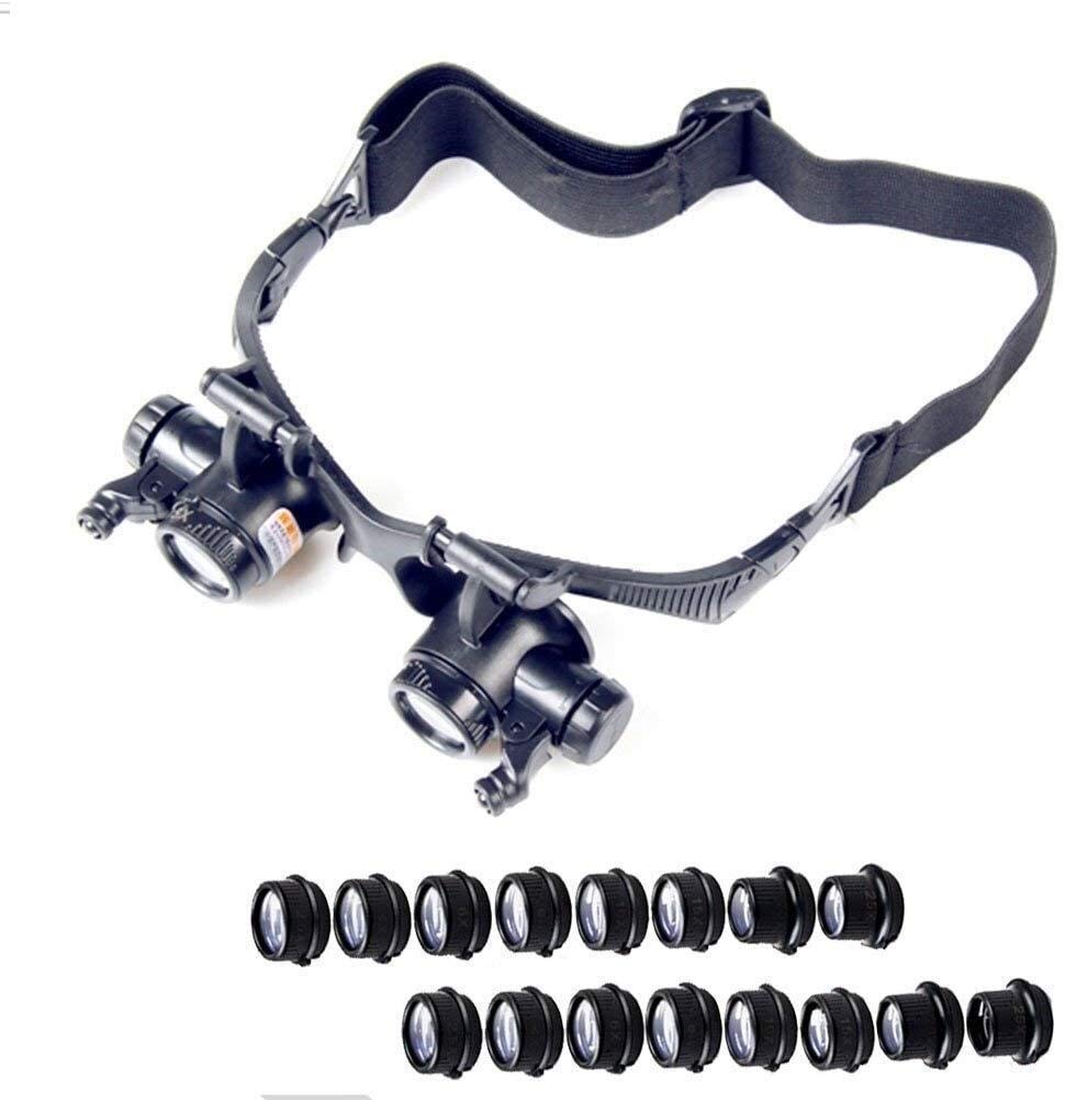 Lupa para Lectura Lupa LED 2 Lupa montada en la Cabeza, Cabeza de Doble Ojo con Lupa Lupa de reparación de Reloj con 2.X a 25X Ocho Grupos Montura de Cabeza de Lente Magni