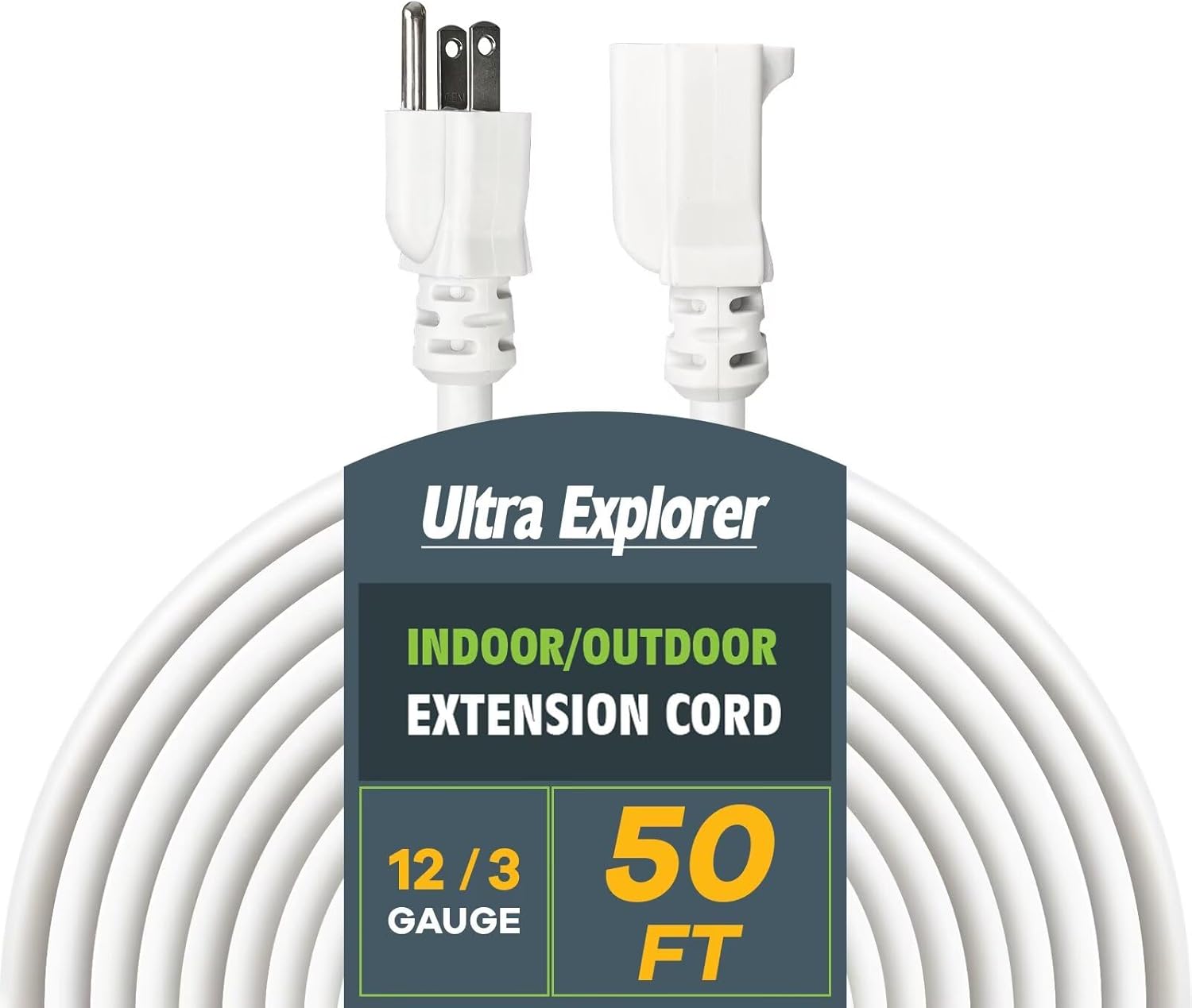 12 Gauge Heavy Duty Outdoor Extension Cord 50 Ft, Flexible Cold Resistant 3 Prong Grounded Plug Outside Extension Cable, SJTW, 15A 125V 1875W, Gray, ETL Listed