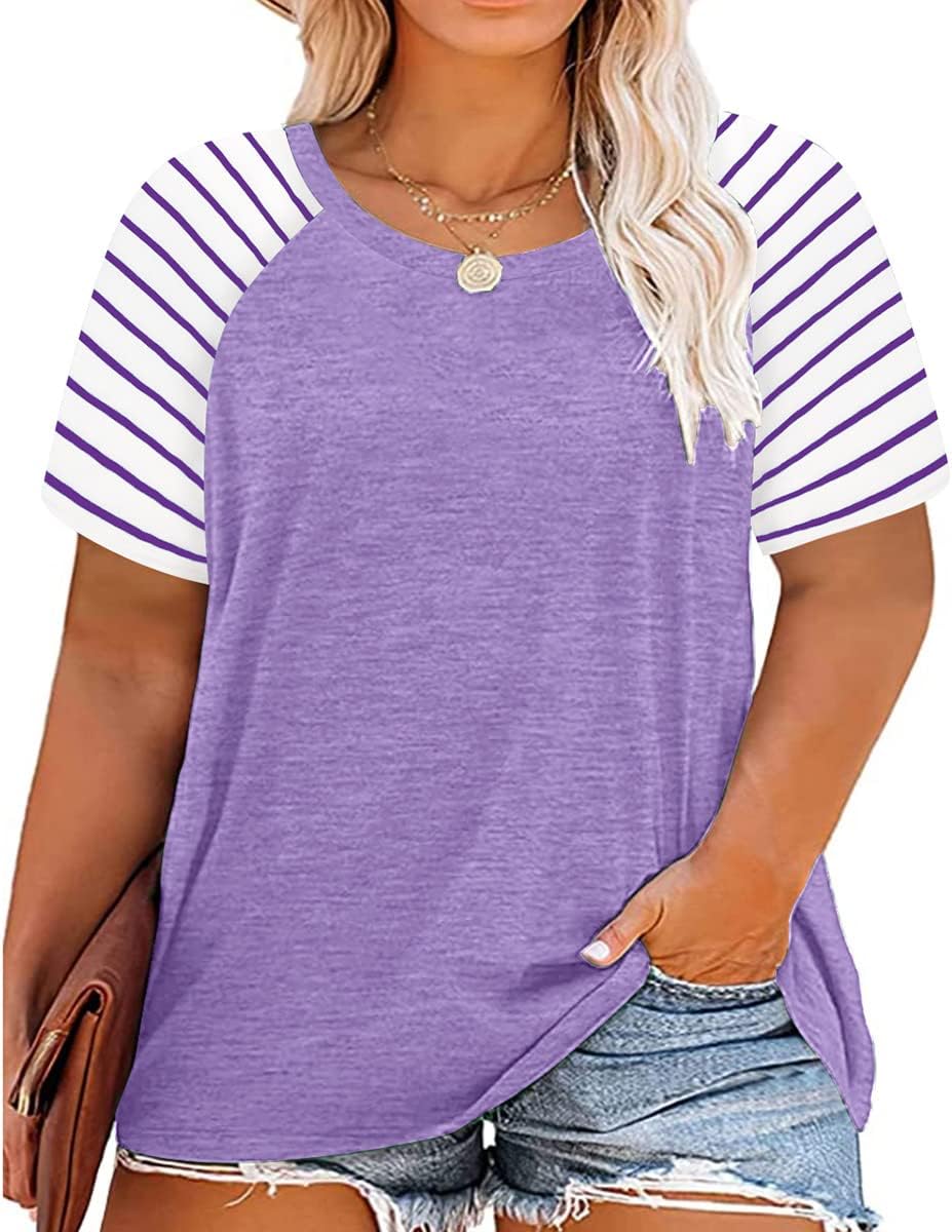 CARCOS Plus Size Tops for Women Short Sleeve Raglan Striped Tee Color Block Crewneck/V Neck Tunic Loose Fit Summer XL-5XL