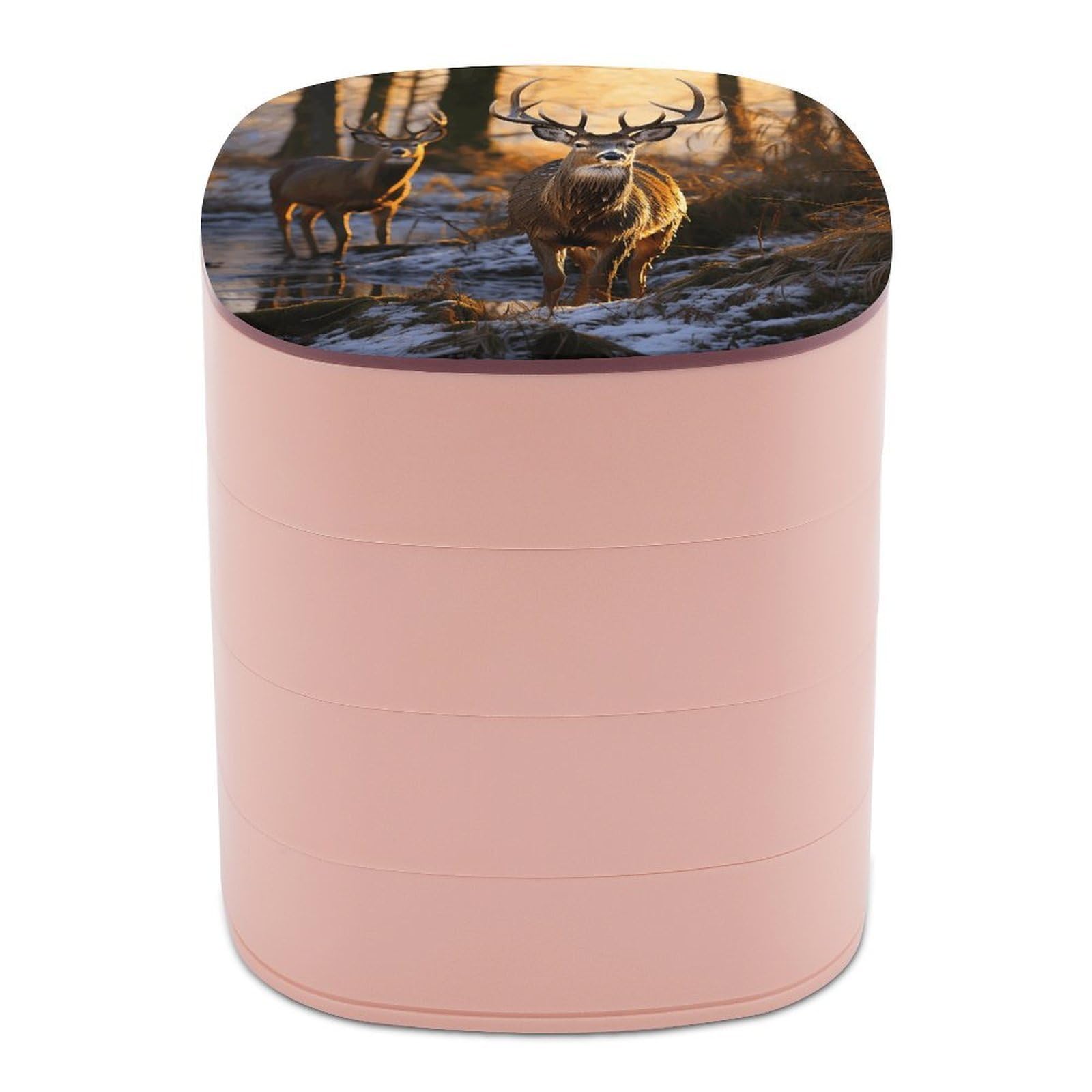 VstaDank Deers Picture Jewelry Organizer Small Travel Earring Storage Box with Mirror 4-Layer Rotating Travel Jewelry Tray Case with Lid Large Capacity Jewellery Holder Case
