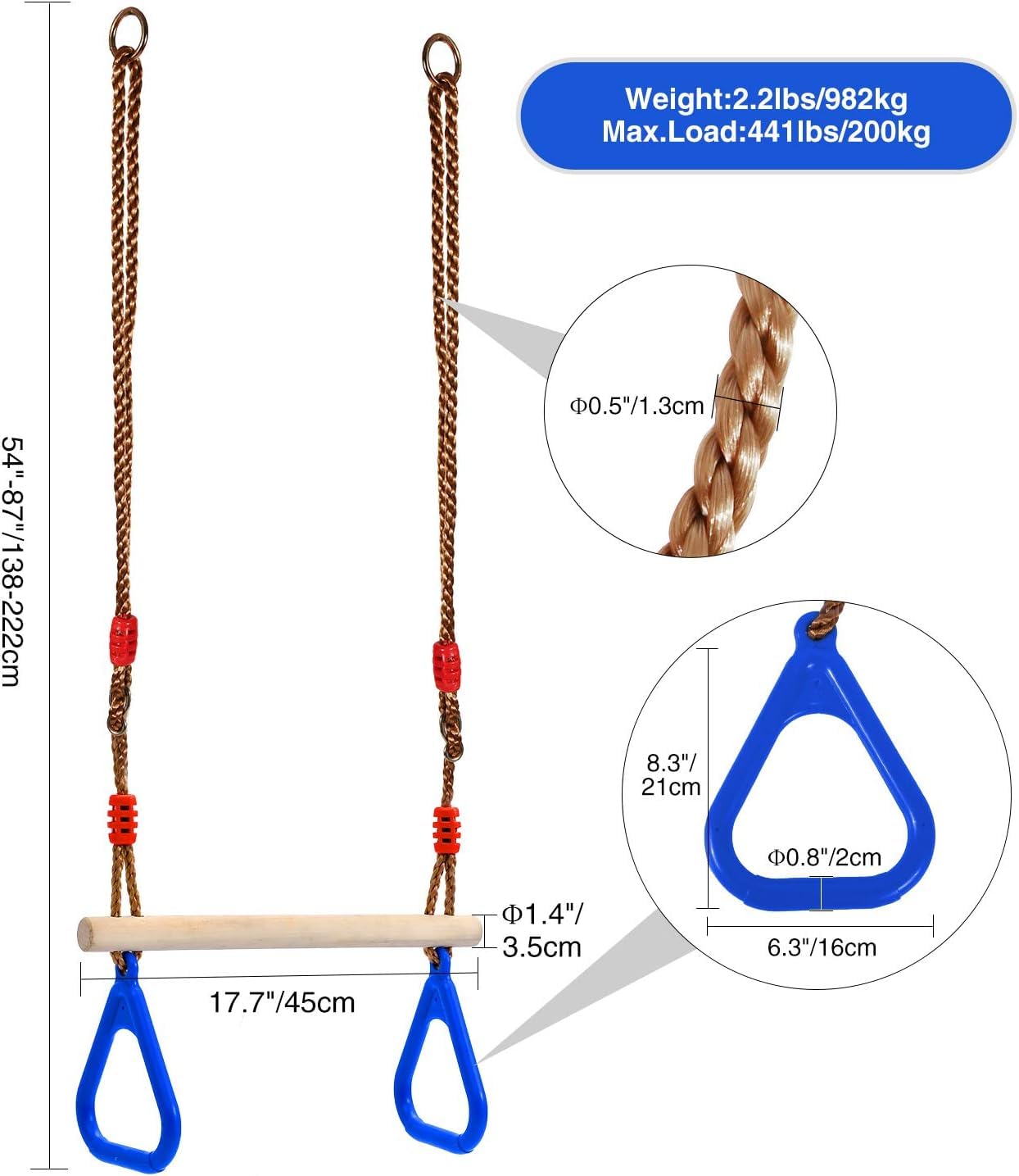 REDCAMP Trapeze Swing Bar Rings, Trapeze Bar for Kids with Adjustable Rope Locking Straps - Image 2