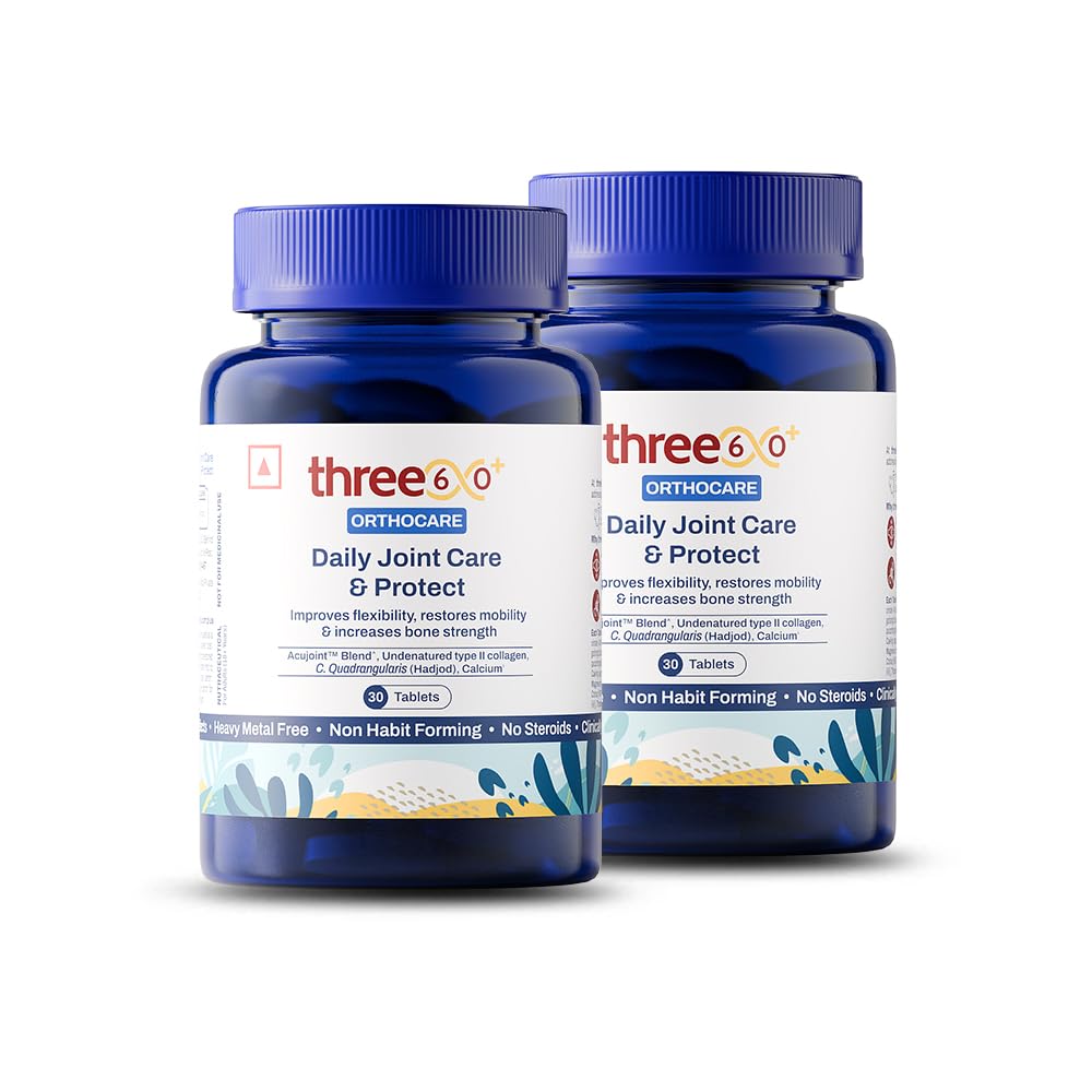 three60+ Daily JOINT CARE & PROTECT tablets | Improves Bone Strength, Promotes Cartilage Repair, Enhances Joint Mobility | Acujoint, Undenatured type-II collagen, Hadjod | (30 Tablets) (Pack of 2)-image-42
