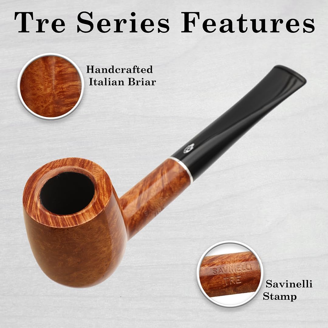 Savinelli Pipes Tre Collection - Mediterranean Wood Briar Pipe, Polished Finish, 3mm (Tre Polished 104)