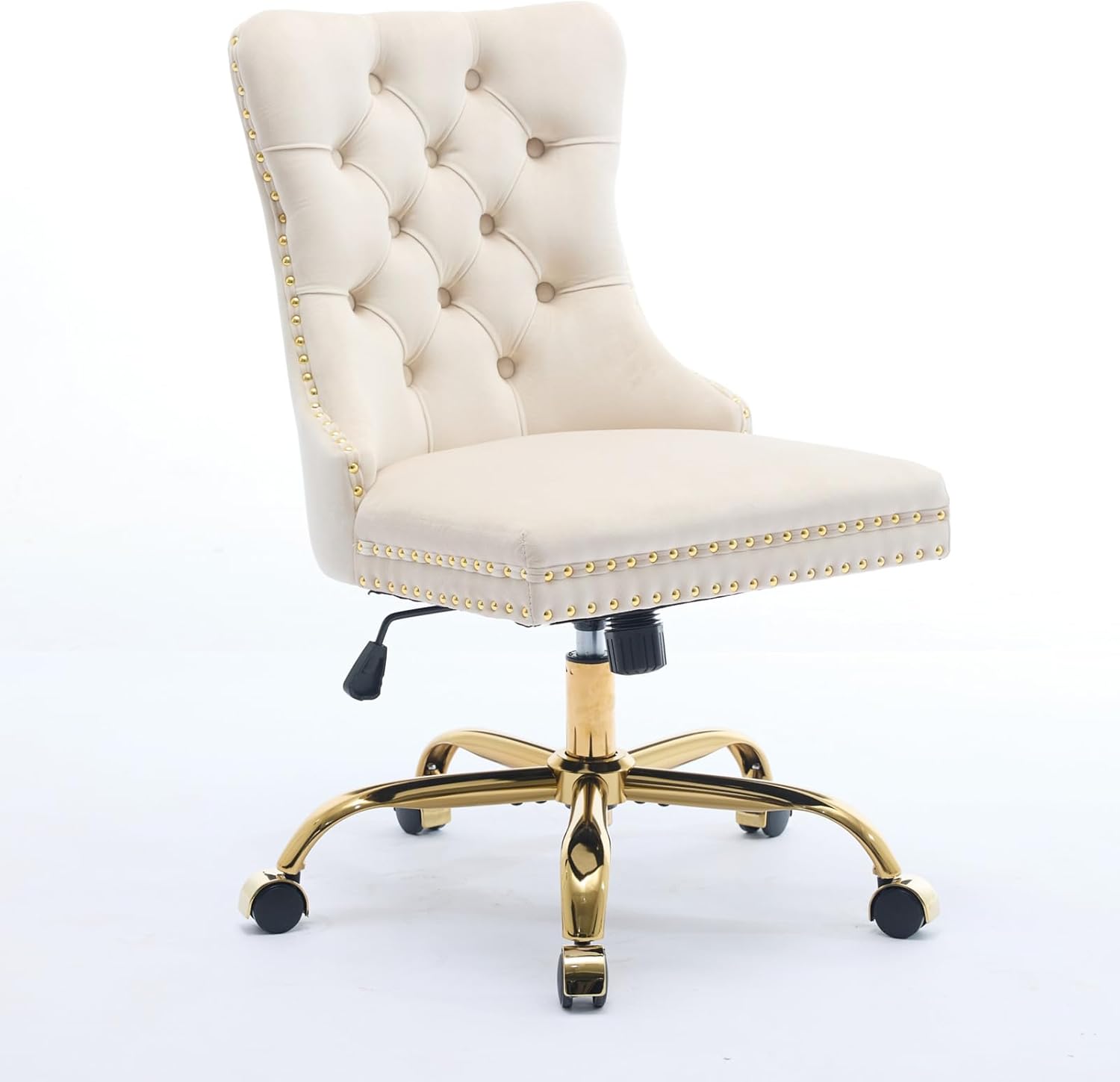 Anwick Velvet Vanity Chair with Back & Gold Base, Armless Office Chair with Wheels & Soft Cushion, 360° Swivel Chairs for Bedroom, Vintage, Upholstered, Tufted Button, Nailhead (Beige)