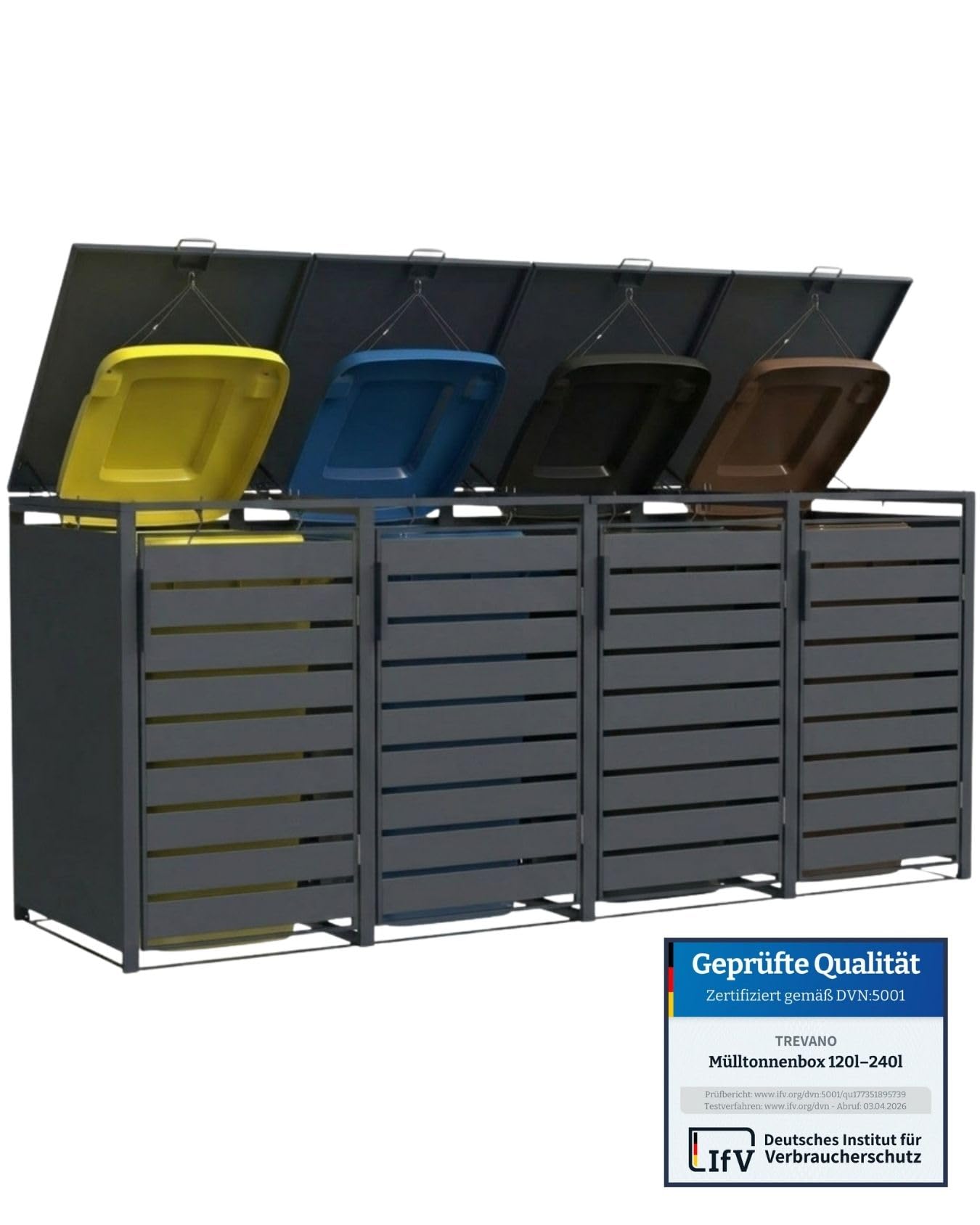 TREVANO Mülltonnenbox 4er 240l - Mülltonnenverkleidung 4 Tonnen Anthrazit - Robustes Mülltonnenhaus aus Stahl - Wetterbeständige Müllboxen für 4 Tonnen - Mülltonnen Unterstand 120l-240l